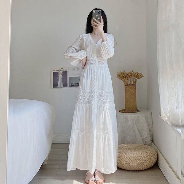 Повседневные платья Boho Women Maxi Party Dress Single Breads Sexy White Lace Cotton Tounic Long Beach Summer DosationCasual