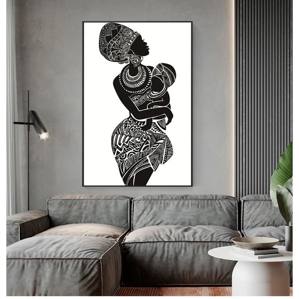 Weißes Wandbild, Poster, Gemälde, Heimdekoration, schöne afrikanische Frau mit Baby, Schlafzimmer, Wandkunst, Leinwandgemälde, Schwarz und Woo