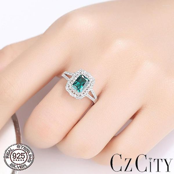 Rings de cluster Czcity Trendy Emerald for Women Original 925 Sterling Silver Fine Classic Weding Bands Jeias de festa