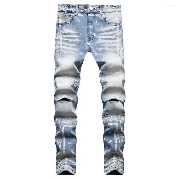 Jeans pour hommes Hommes Paisley Bandana Imprimer Mode Slim Straight Stretch Denim Pantalon Bleu Clair Trous Pantalon Déchiré