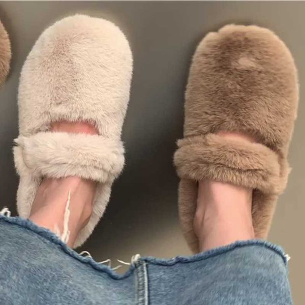 Slippers Mary Jane Fluffy Cotton Slippers Roupas de inverno feminino 2022 Lão de lã de inverno espessou um pedal de algodão confortável Z0215