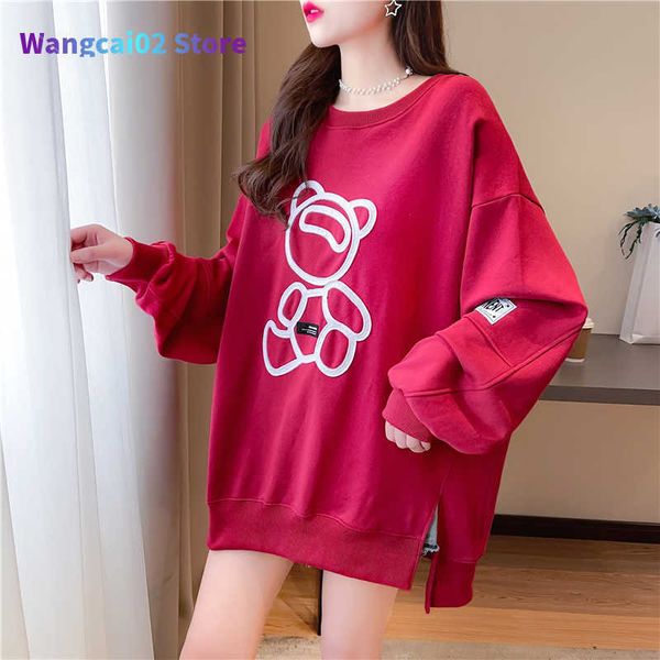 Damen-T-Shirt, Damen-Sweatshirts, Harajuku, lockerer O-Ausschnitt, dünn, schulterfrei, Tops, süßer Bär, koreanische Mädchen, übergroße Pullover, rot-schwarze Hoodies, 022223H