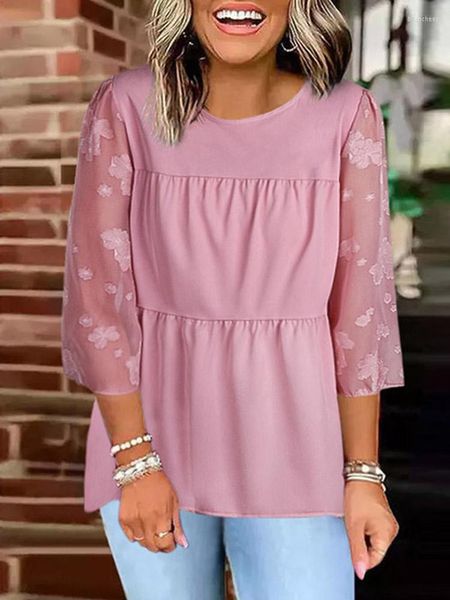 Damenblusen, elegantes 3/4-Ärmel-Schößchen-Top für Damen, Sommer-Blumenmuster, Netzstoff, dreiviertel Chiffon, Frühlings-Lounge-Tunika-Shirts, Rosa