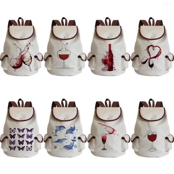 Bolsas escolares mochila de cordão de gama de grande capacidade Butterfly Women Wine Glass Pressised Linen Mackpacks para estudantes de moda de desenho animado