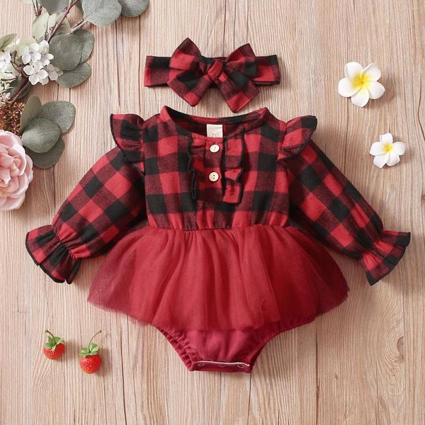 Completi di abbigliamento Born Baby Girl Christmas Outfit Ruffle Plaid Manica lunga Maglia Patchwork Tutu Tuta Pagliaccetto Fascia per capelli 2 pezzi Set di vestiti