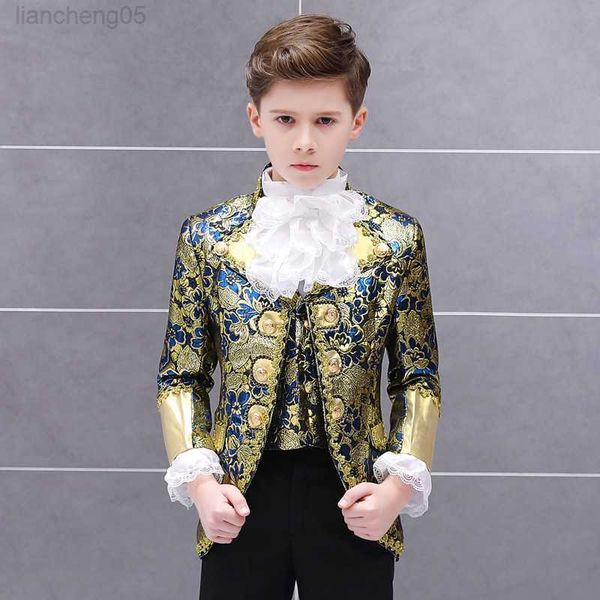 Kleidungssets Jungen Retro Europäisches Gericht Kleidung Set Kind Prince Charming Drama Show Kleid Anzug Kinder Blazer Weste Hosen Kragen Blumen Outfit W0222