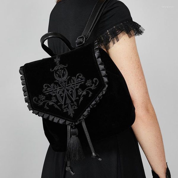 Bolsas escolares 2023 mulheres góticas bordadas mágicas pretas estilo punk mochila mochila bolsa de ombro escuro harajuku veludo