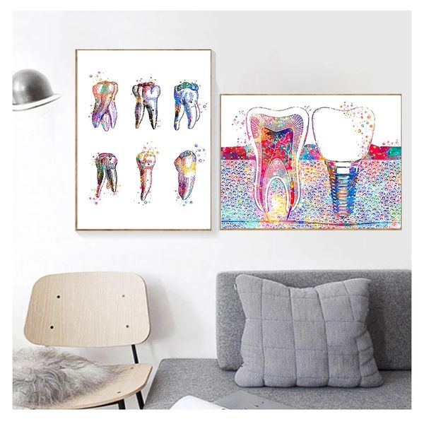 Stampa su tela Dentista Wall Art Pittura Medicina Igienista Poster Dente Acquerello Clinica Decor Immagine di arte dentale Impianto di denti Woo