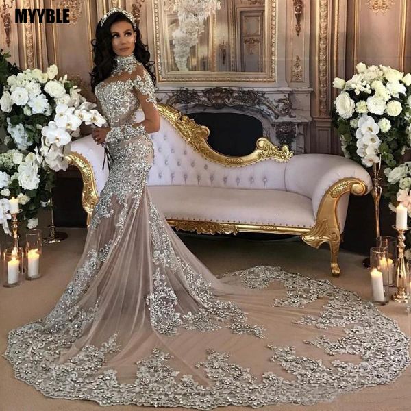 Partykleider Vintage Silber Spitze Meerjungfrau Muslimische Hochzeit mit langen Ärmeln Stehkragen Saudi-Arabien Brautkleider Dubai Afrikanische Braut 230222