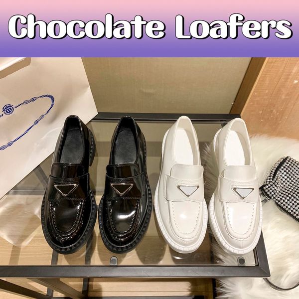 com caixa Prad Designer Mulheres Sapatos Chocolate Glossed-Leather Loafer Preto Tênis De Couro Escovado Mocassins Monolith Plus Platform Sneaker Qr