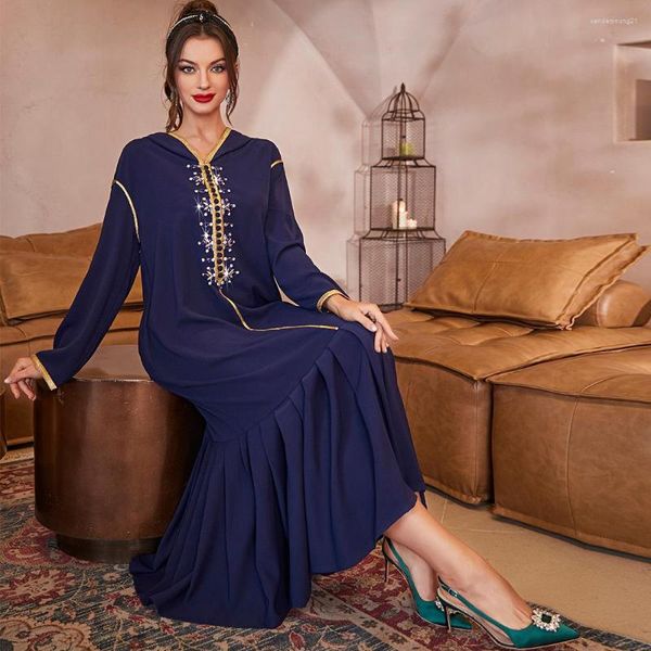 Abbigliamento etnico Moda araba musulmana Vestito da donna Blu navy Turchia Abayas Dubai Caftano Gonna a pieghe con perline Abiti da sera islamici 2023