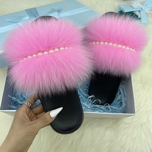 Slippers Real Slides Slides Mulher Summer Pérolas Flips de Chain Flips Luxurro Flipers Furres Naturais Para Mulheres Senhoras Casa Indoor Plano EVA Slides Z0215 Z0215