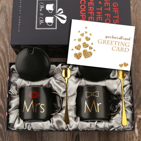 Tassen „Mr. und Mrs.“, Kaffeetassen, Geschenkset für Verlobung, Hochzeit, Brautparty, Braut und Bräutigam, Paare, schwarze Keramik, 230221