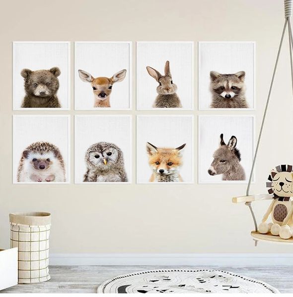 Pittura animale della foresta Nordic Kid Decorazione camera da letto per bambini Giraffa Coniglietto Elefante Tela Bambino Poster Nursery Wall Art Immagine Stampa Woo