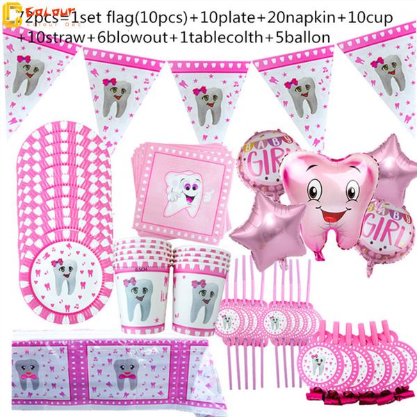 Posate usa e getta Denti rosa Set da tavola Piatti di carta Bicchieri Palloncini foil Tovaglie Baby Shower Forniture per feste di compleanno per ragazze 230221