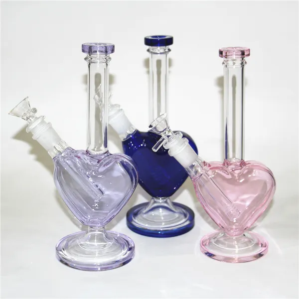 schöne Liebe Glas Wasserbong Shisha-Schalen herzförmige Glasbongs Bohrinseldicke Rauchen trockene Kräuter-Vape-Bong-Dab-Rigs mit Schüssel-Downstem