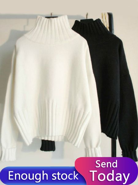 Suéteres femininos de alta qualidade outono inverno gurtleneck sweater sweater mulheres suéteres de malha de tamanho grande suéter preto branco mole sweater 230222