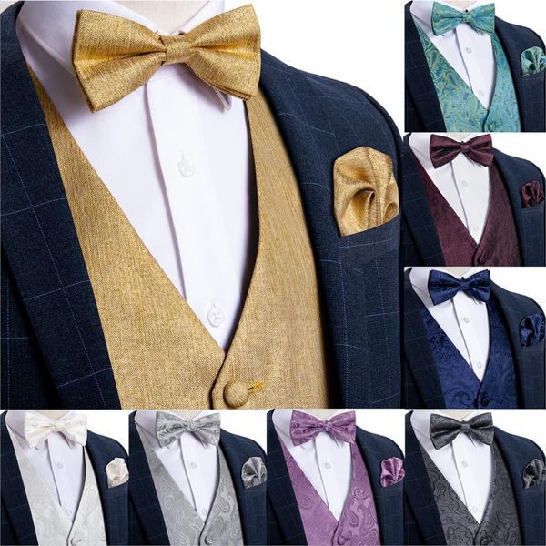 Gilet da uomo in oro massiccio da sposa in seta per uomo Papillon Hanky Gemelli Cravatta Set per abito da smoking DiBanGu Designer 230222