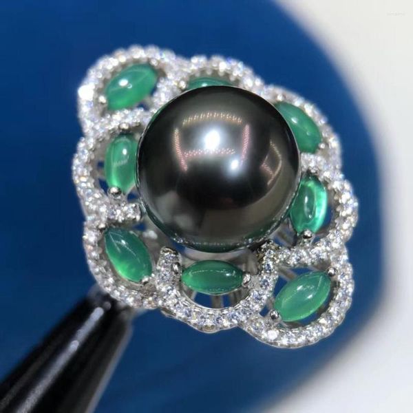 Cluster Ringe D805 Perlen Ring Feiner Schmuck S925 Sterling Silber 11-12mm Natur Meerwasser Schwarze Tahiti Perlen für Frauen präsentiert