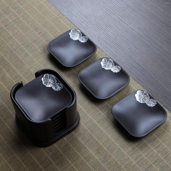 Copas de copos Bakelite Incluste Tin Tea Conjunto de chá Acessórios para copo chinês Ebony Teaset Wood Mat Coasters fofas para 6pcs/conjunto