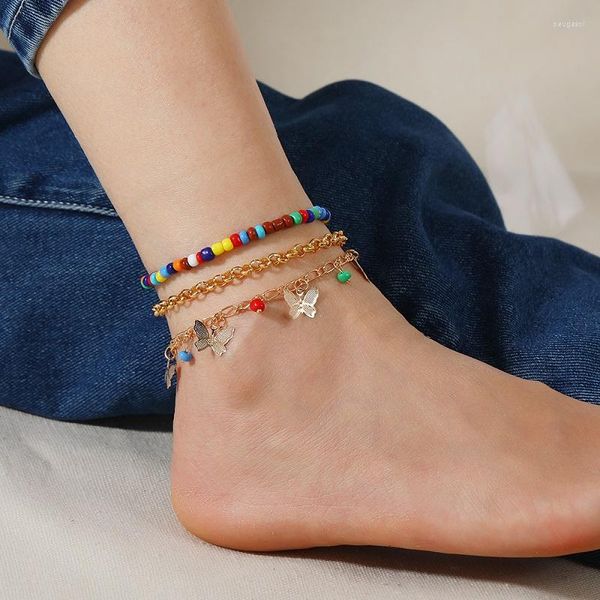 Fußkettchen Mode Schmetterling Fußkettchen Armband Für Frauen Bunte Perlen Geschichteten Schmuck Vintage Boho Barfuß Kette Strand Zubehör