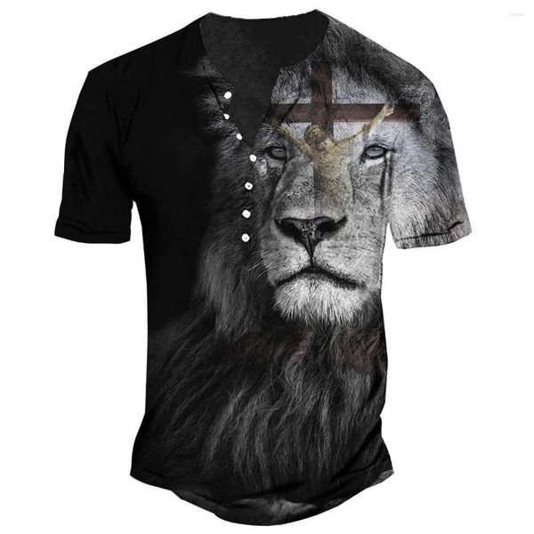 Herren-T-Shirts, Herren-Löwen-Print-T-Shirt, Jesus-Muster, kurzärmelig, Punk-Oberteile, modisch, V-Ausschnitt, übergroße Baumwoll-T-Shirts, Sommer, Straße, Vintage