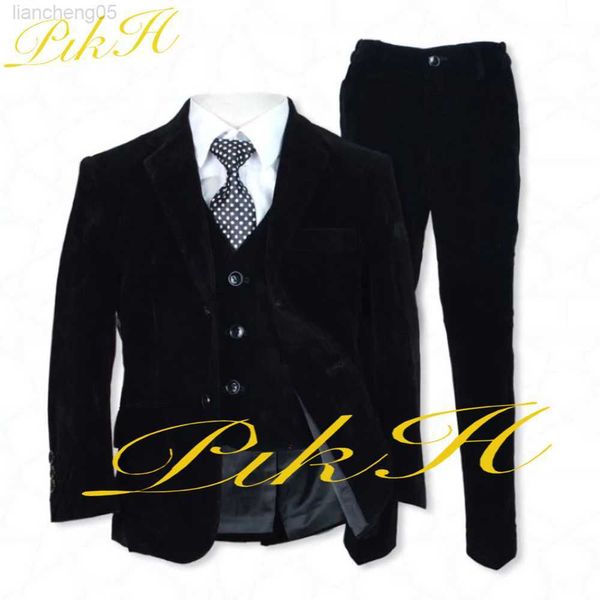 Completi di abbigliamento Completo da ragazzo in velluto nero 3 pezzi Tuxedo per giacca da sposa Pantaloni Gilet Bambini Blazer personalizzato di 8 anni Set roupa infantil pra menino W0222