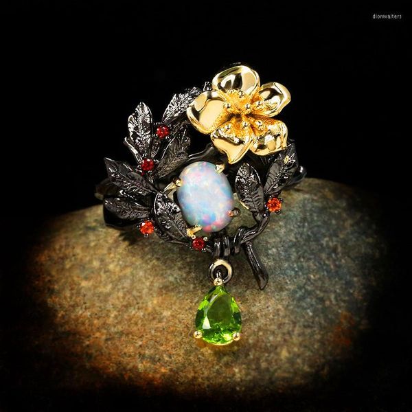 Eheringe Luxus Weiblicher Grüner Zirkon Stein Ring Charme 14KT Schwarzgold Für Frauen Vintage Oval Opal Blume Verlobung