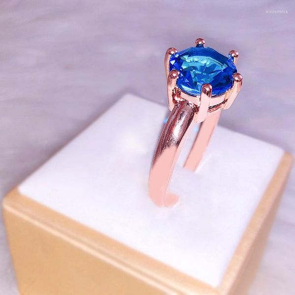 Anéis de casamento leves Luxo Rose Gold Seis omos grandes grandes zircões azuis banda de anel de rosto promete engajamento para mulheres