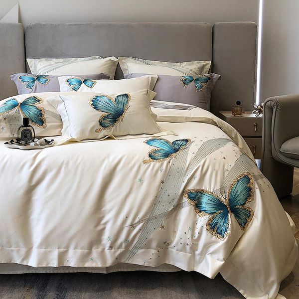 Set di biancheria da letto con ricamo farfalla blu di lusso bianco 1000TC cotone egiziano copripiumino super morbido lenzuolo federe tessili per la casa King Queen Siz