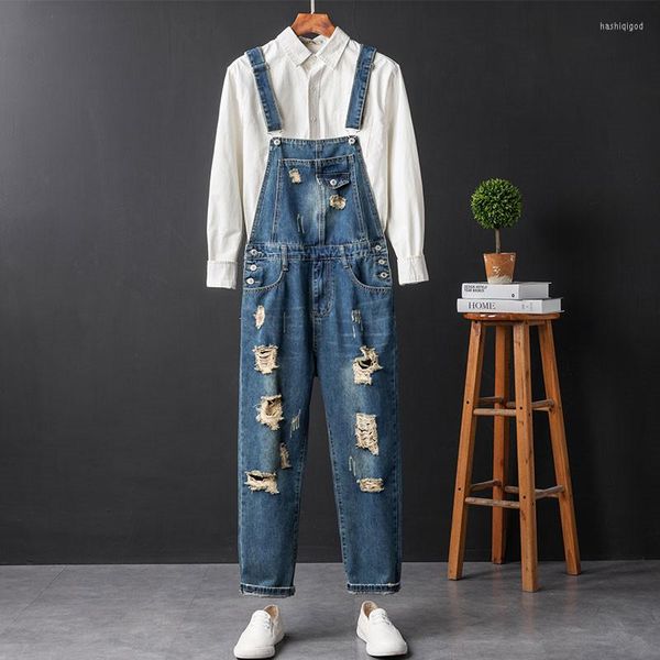 Erkekler Kot erkek tulumları retro denim yırtılmış dilenci pantolon dokuz noktalı kafes süsleyiciler ayak