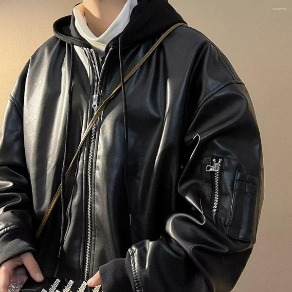 Giacche da uomo Primavera Uomo PU Pelle con cappuccio Hip Hop Tinta unita Casual Uomo Cappotti Giacca da moto con cerniera maschile allentata