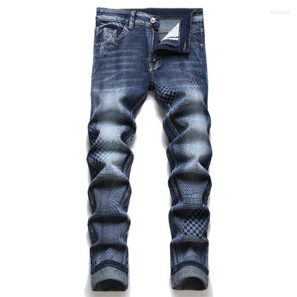 Jeans masculinos Men Men Digital Imprimir Digital Slim diminuiu as calças jeans de geometria da geometria Cheque de algodão pintado de onda de algodão azul preto