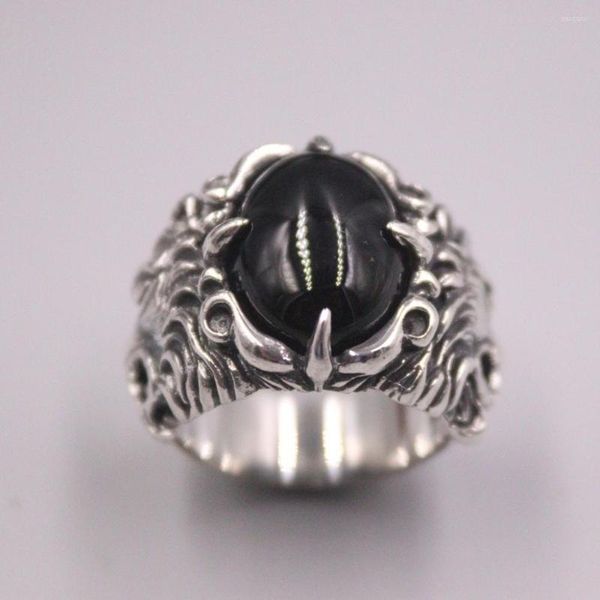 Ringos de cluster S925 Sterling Silver Ring Mulheres homens Luck Lion Pattern Black Agate 21mmw US8 / presente