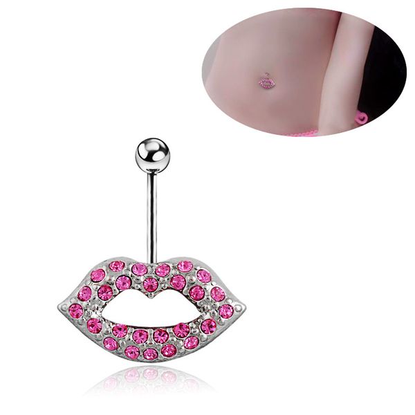 Bot￣o de campainha do umbigo Piercing para zirc￣o Rosa cor rosa l￡bios sexy mulheres a￧o cir￺rgico de j￳ias de moda de moda de praia