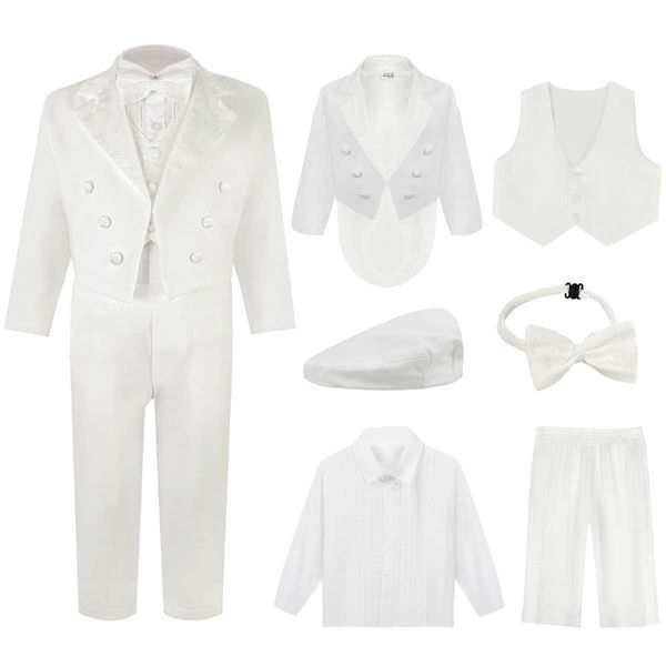 Conjuntos de roupas Bebê Menino Batizado Terno Batismo Outfits Infantil Clássico Tuxedo Criança Casamento Formal Roupas de Festa Branco Manga Longa 6 PCS