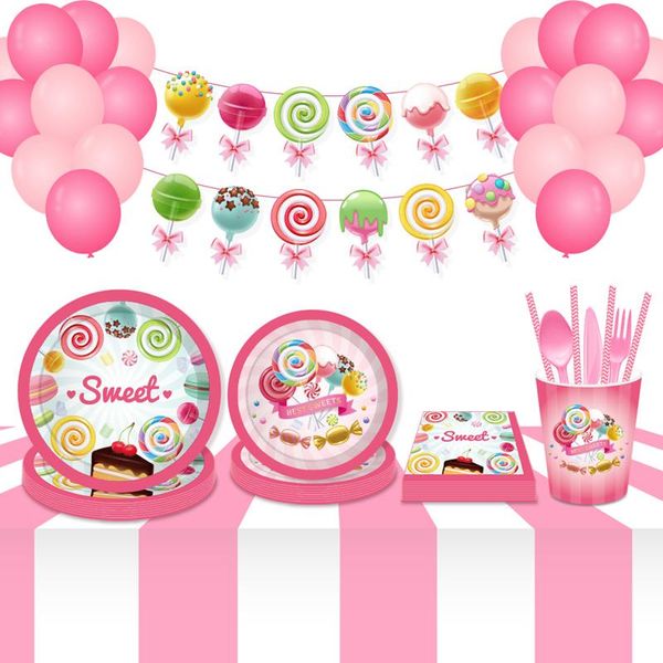 Stoviglie usa e getta OENY Sweet Lollipop Ragazze Decorazioni per feste di compleanno Palloncini Bicchieri di carta Piatti Baby Shower Set di stoviglie Forniture