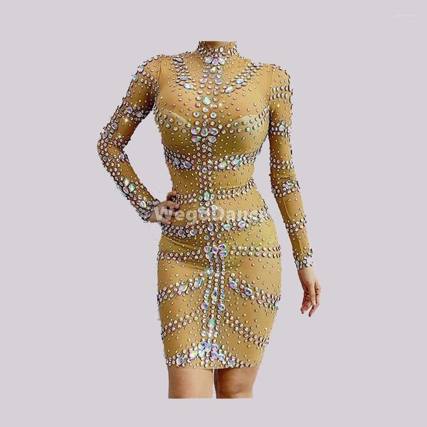 Stage Wear Mesh Shining Silver Strass White Dress Women's Birthday Prom Celebrate Long Sleeves Evening Dance Stretch Costume