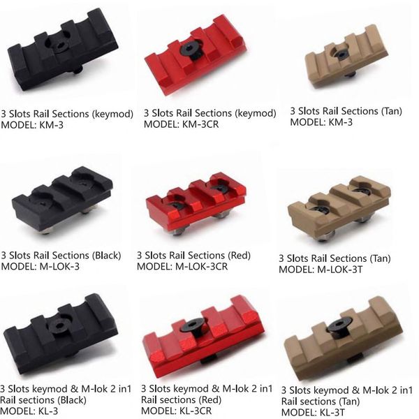 Segmento della sezione della guida a 3 slot di lunghezza corta per sistema di montaggio su guida Keymod/M-lok Guide Picatinny Colore nero/rosso/marrone chiaro