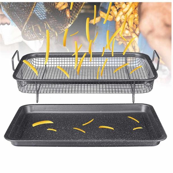 Utensili Accessori Teglia da forno a 2 strati Olio per friggere Padella per forno BarBecue Patatine antiaderenti Cestello Piatto Griglia Griglia Cucina