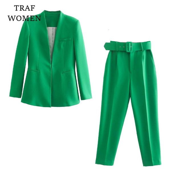 Jackets femininos Traf Feminino Autumn de primavera Casacos verdes de cor sólida forrada com cinto de lapela longa feminina blazer chique chiques tops jackets 2302222