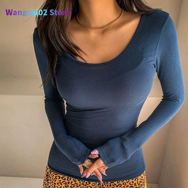 Frauen T-Shirt Schraube Faden T-Shirt Frauen Herbst Langarm Top Basis Baumwoll-T-Shirts koreanische Kleidung im koreanischen Stil Schlanker T-Shirt Femme Camiseta Mujer 022223h