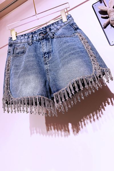Shorts femininos Crystal S Tassel Straight High Waist Jeans Summer Jeans em azul 230222