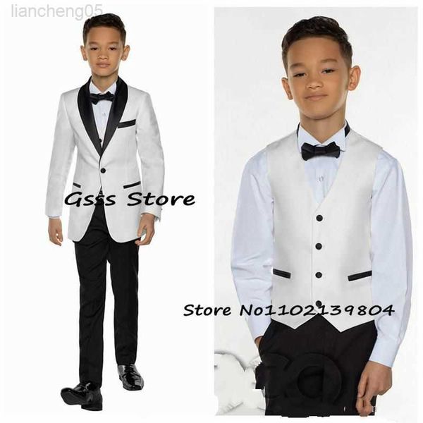 Kleidungssets für Jungen, Hochzeit, Smoking, weißes Kleid, Schalkragen, Bühnenshow, formelle Blazer, Hosen, Weste, 3-teiliger Anzug für Kinder, Jacke W0222