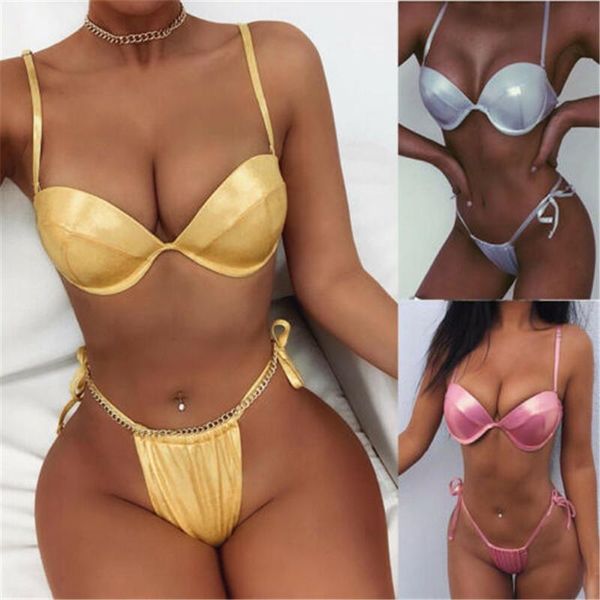 Menas de banho feminina brasileira 2023 Mulheres Sexy Biquíni de lantejóis de alto corte de corte g-string tardio gentil bikinis mujer