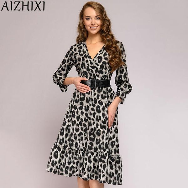 Abiti casual AIZHIXI 2023 Autunno Ruffle Hem Leopard Print Dress Donna Scollo a V Flare Sleeve Elegante Vintage Midi Sexy Party (No Blet)