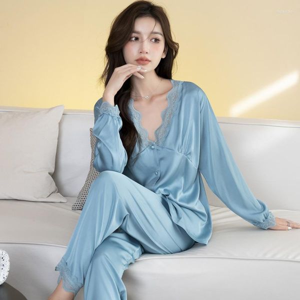 Kadınların Pijama Dantel V-yaka 2pcs Pijama Takım 2023 Ev Giyim SATIN KAPALI SEGINGAY GÜNEY GÜZEL MAVİ PIJAMAS HOMEWAR SADECE SET