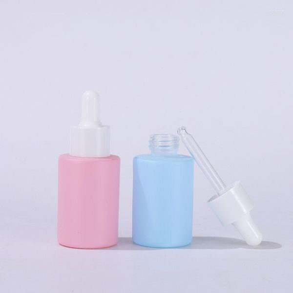 Botellas de almacenamiento Diseño 30 ml Botella de aceite vacía Colorido Azul Rosa Verde Púrpura Vidrio Gotero de suero para el cuidado cosmético de la piel