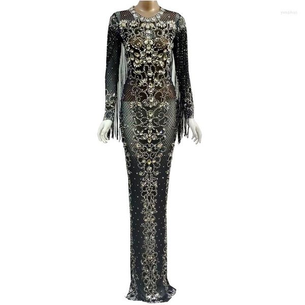 Abbigliamento da palcoscenico Maglia nera trasparente trasparente con cristalli scintillanti Abito lungo da sera Abiti con strass Abiti da compleanno con nappe Frange