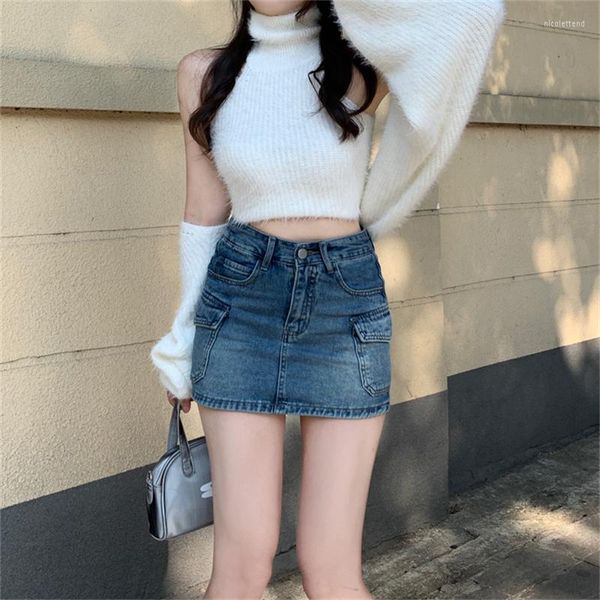 Saias de moda coreana de alta cintura feminina saia jeans embrulhada em quadril a linha de bolso macacão mini fêmea picante menina verão 2023